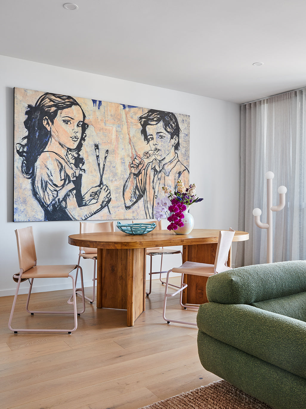 Dining room, beach house, custom wooden table, large scale artwork, dowel jones chairs