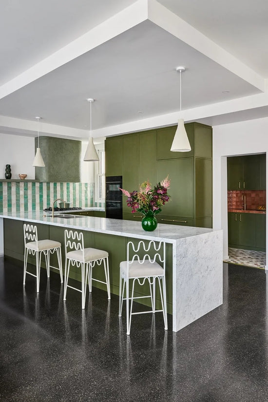 Contemporary green kitchen design in Newtown by Nikki McGar Interiors, blending colour, texture, and timeless finishes.